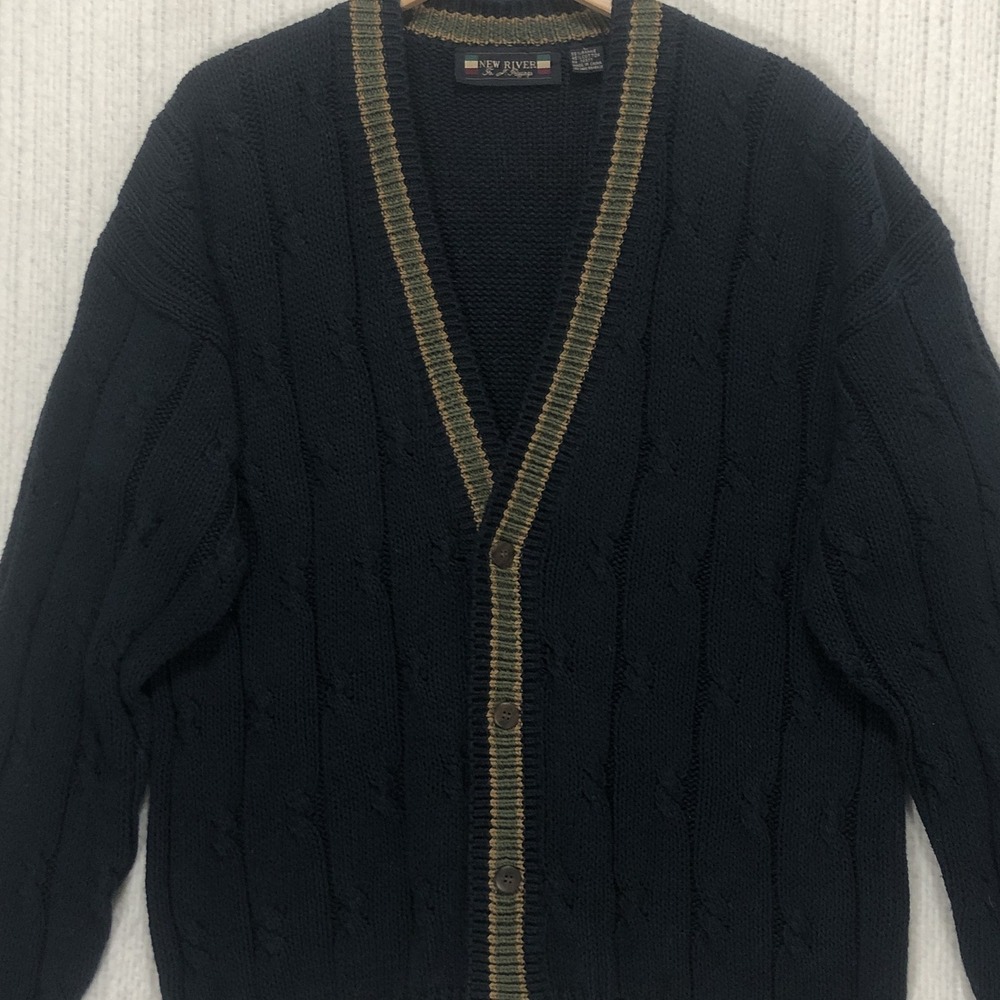 New River J Riggings Mens Large Navy Blue Cable Knit Striped V-Neck Cardigan